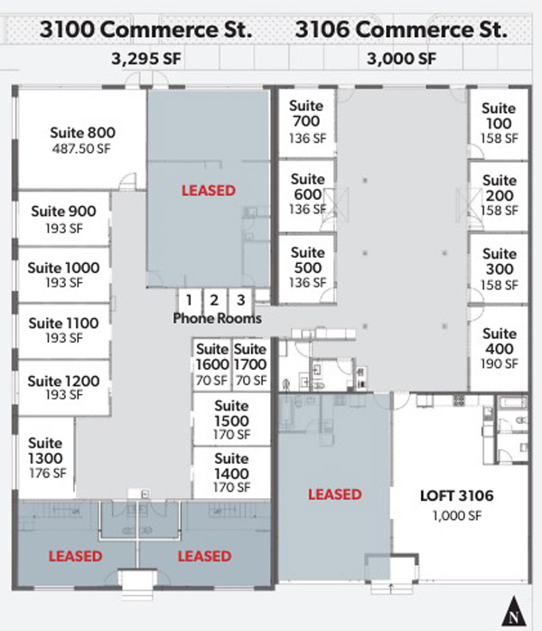 Floor plan of 3100 and 3106 Commerce Street showing GeniusDen office suite numbers and sizes
